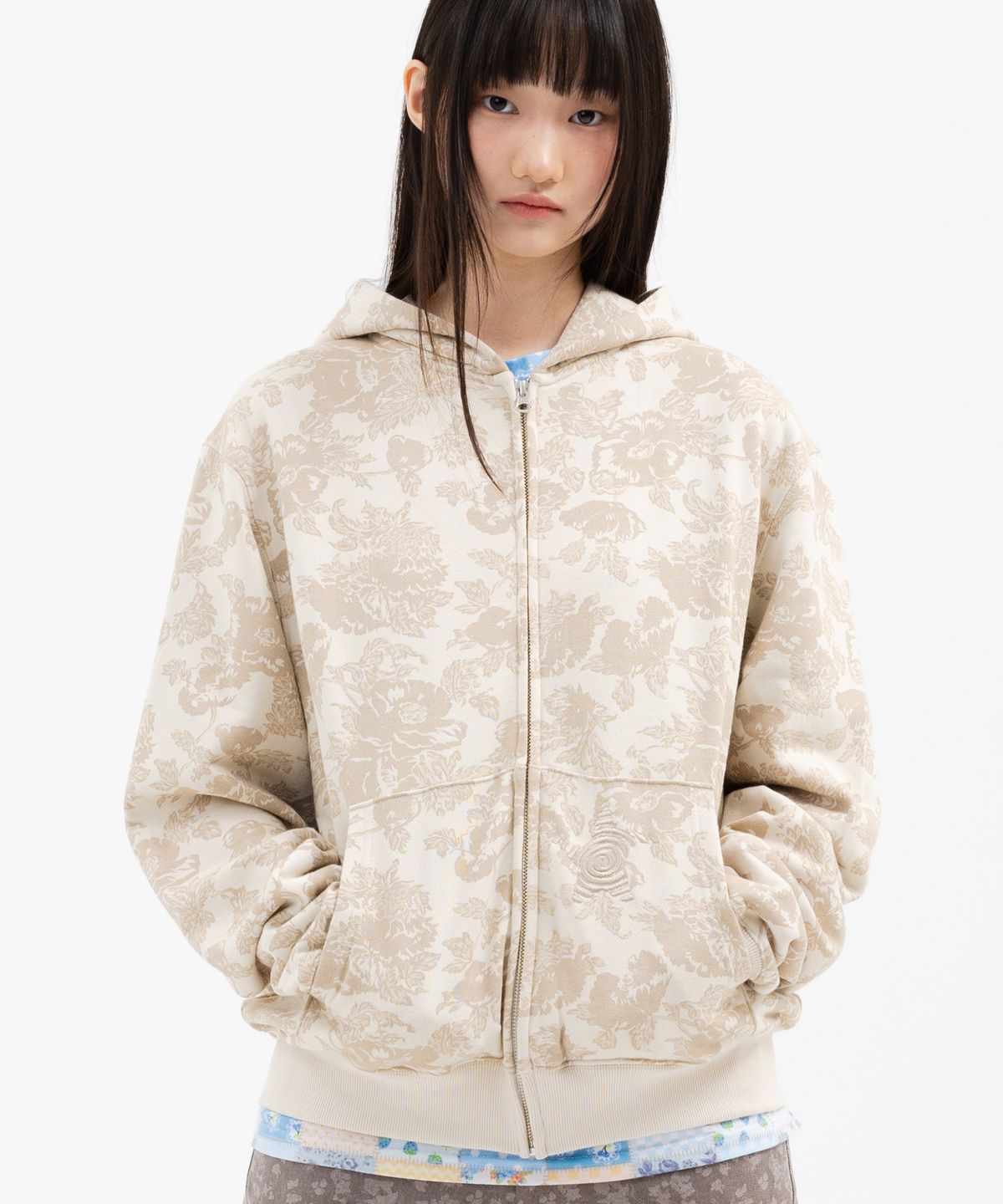웹하우스(WEBHOUSE) 트위스터 스타 포켓 후드집업 - 플라워 베이지