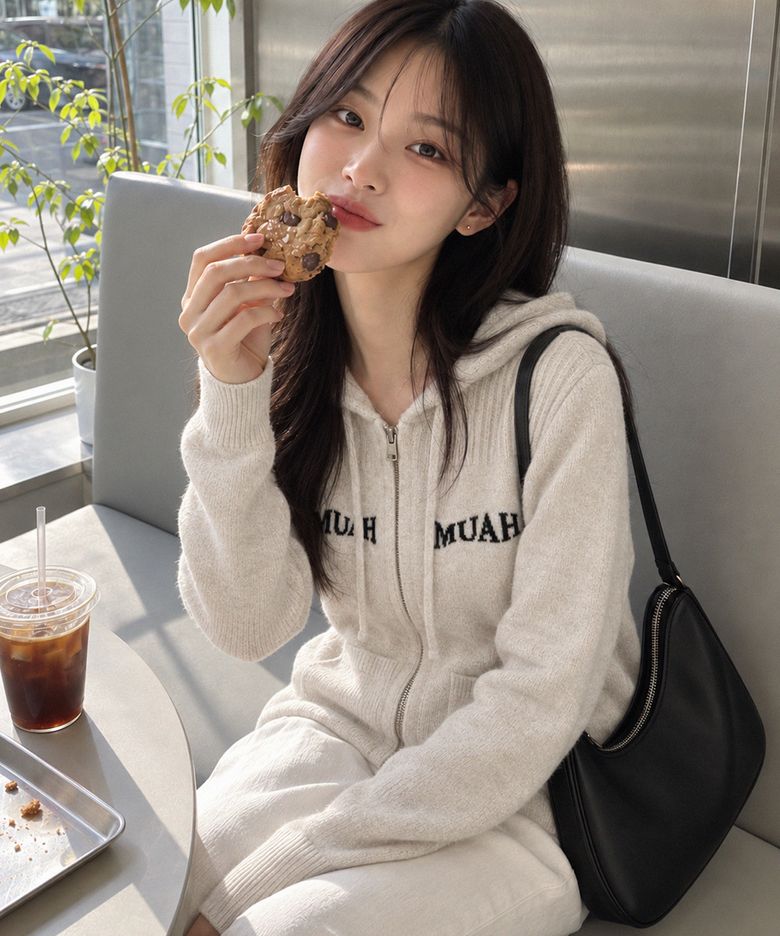 자카드 니트 후드 집업 [오트밀]