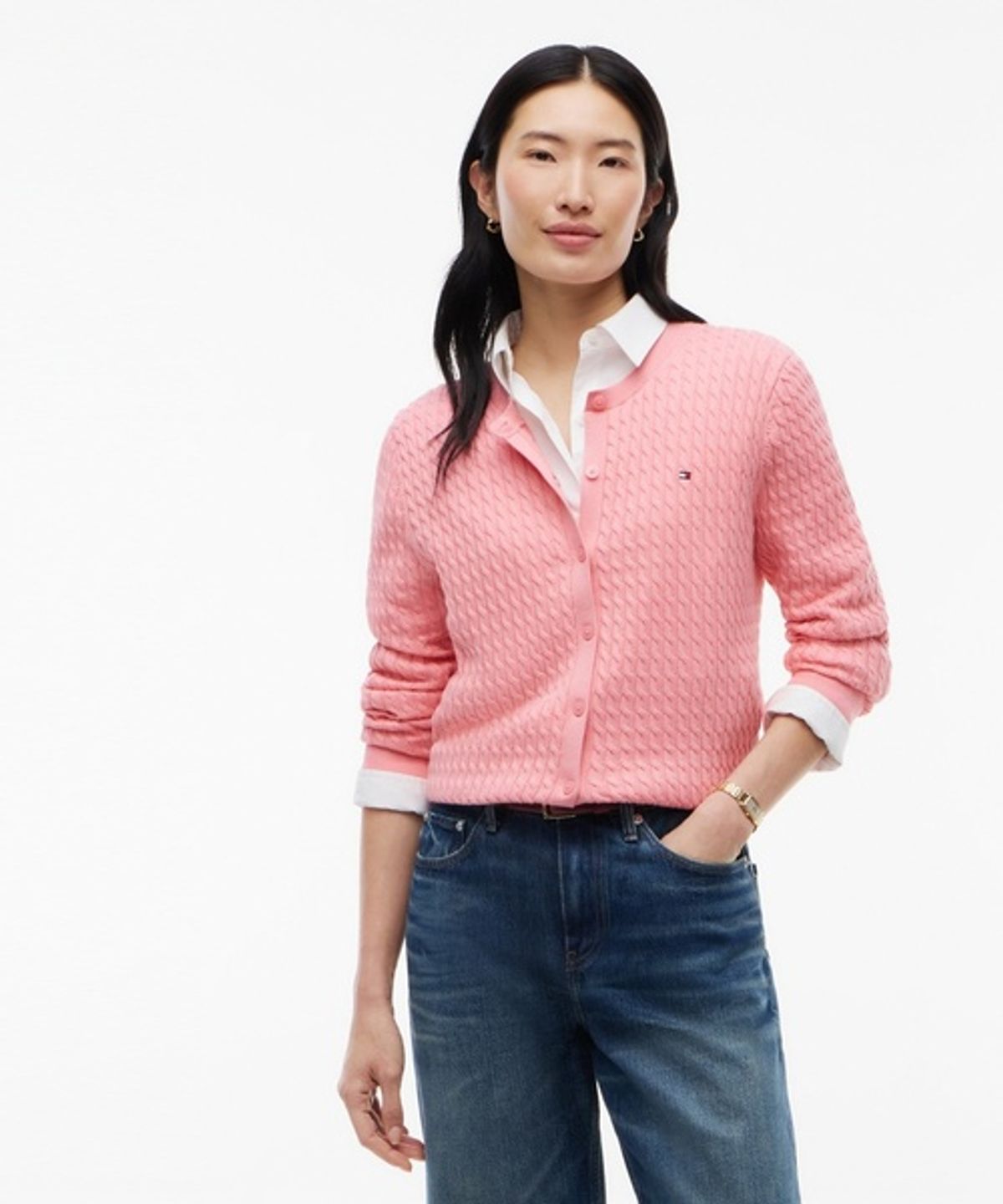 타미힐피거(TOMMY HILFIGER) 로고 케이블 크루넥 니트 가디건 (T22G7KCD050WT1TIA)