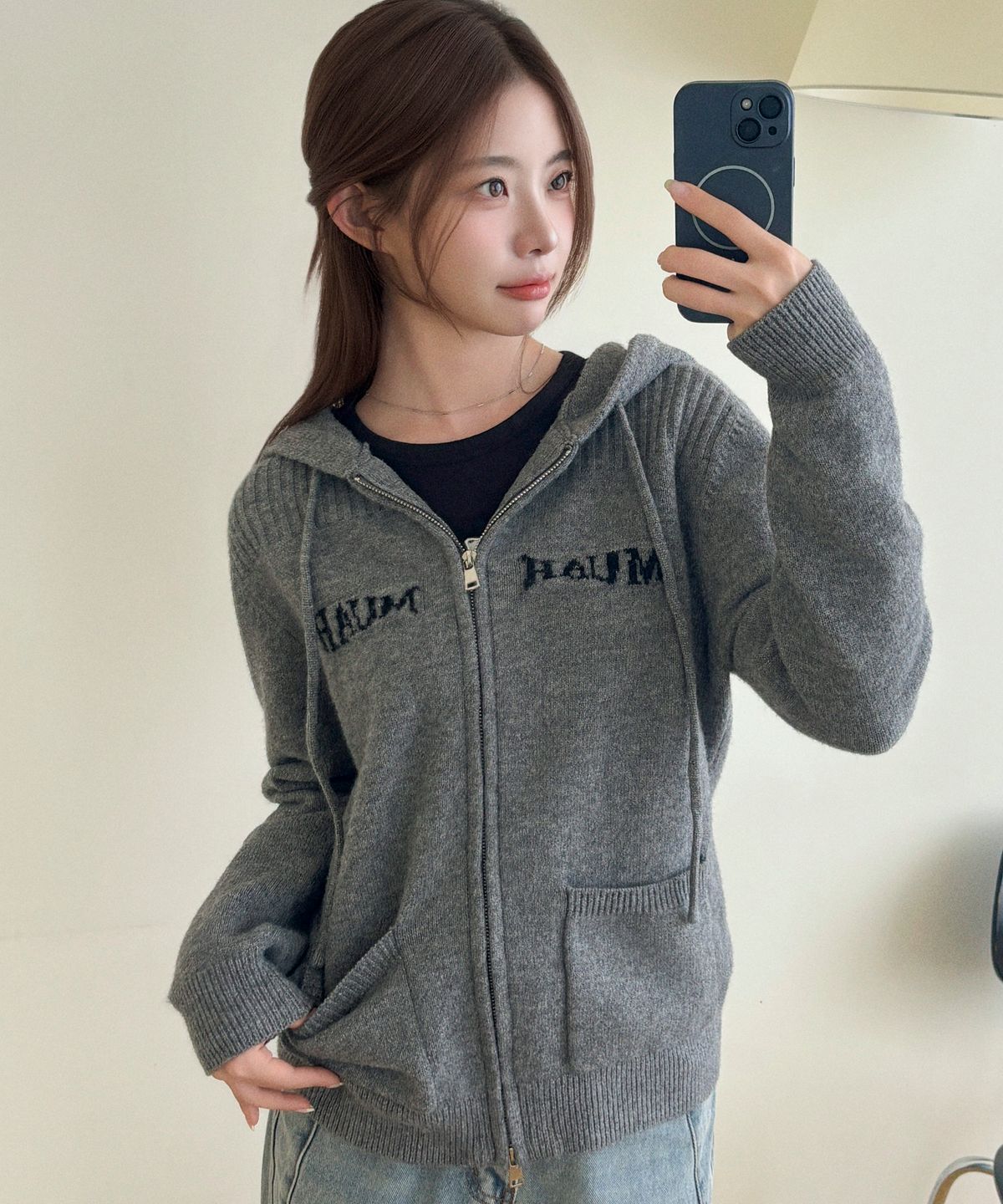 무아무아(MUAHMUAH) 자카드 니트 후드 집업 [멜란지]