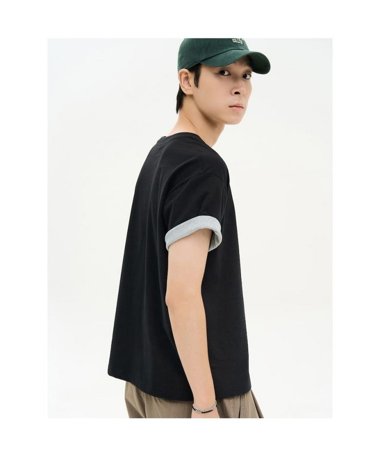 컬러 롤업 반소매 크롭 티셔츠  블랙