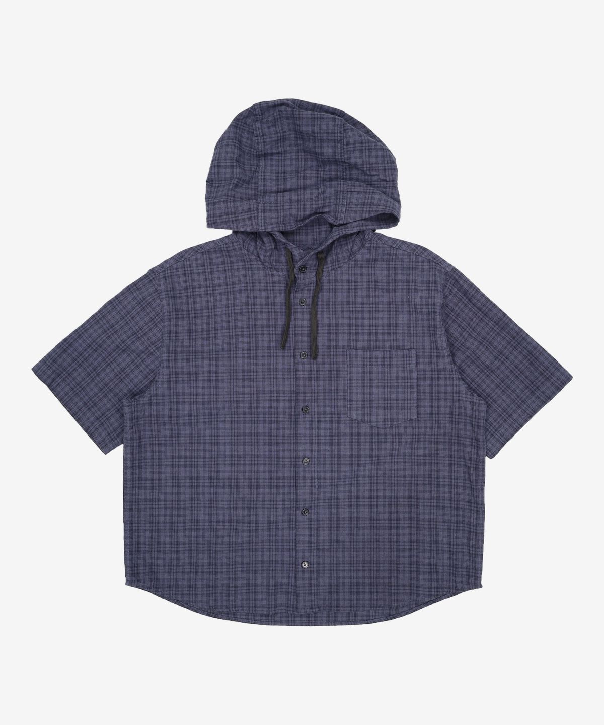 세컨모놀로그(SECONDMONO) Roll-up Button Hooded Check Half Shirt [NAVY]_SESH013NAVY L