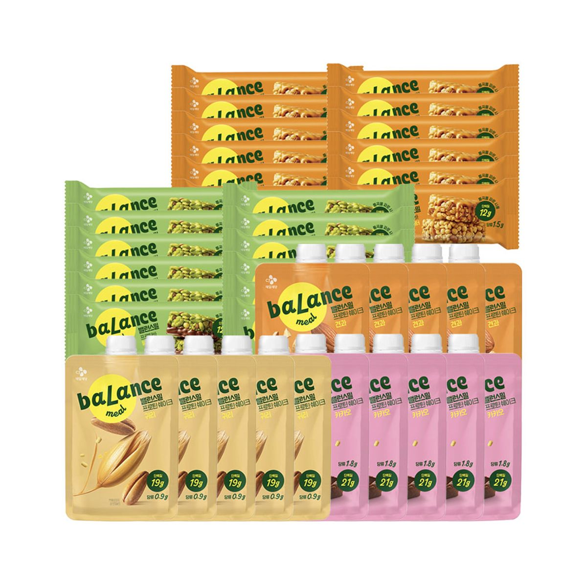 CJ제일제당(CJCHEILJEDANG) 밸런스밀 프로틴 쉐이크 45g(귀리 5개+견과 5개+카카오 5개)+프로틴바 말차초코 12개+피넛버터 34g 12개