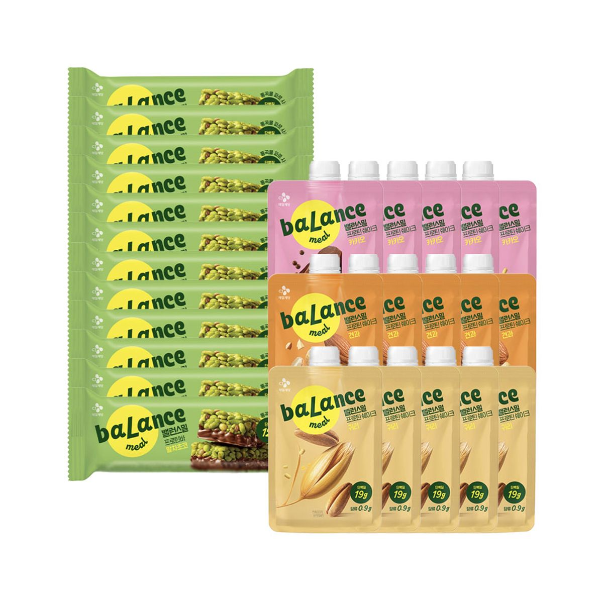 CJ제일제당(CJCHEILJEDANG) 밸런스밀 프로틴 쉐이크 45g(귀리 5개+견과 5개+카카오 5개)+프로틴바 말차초코 12개