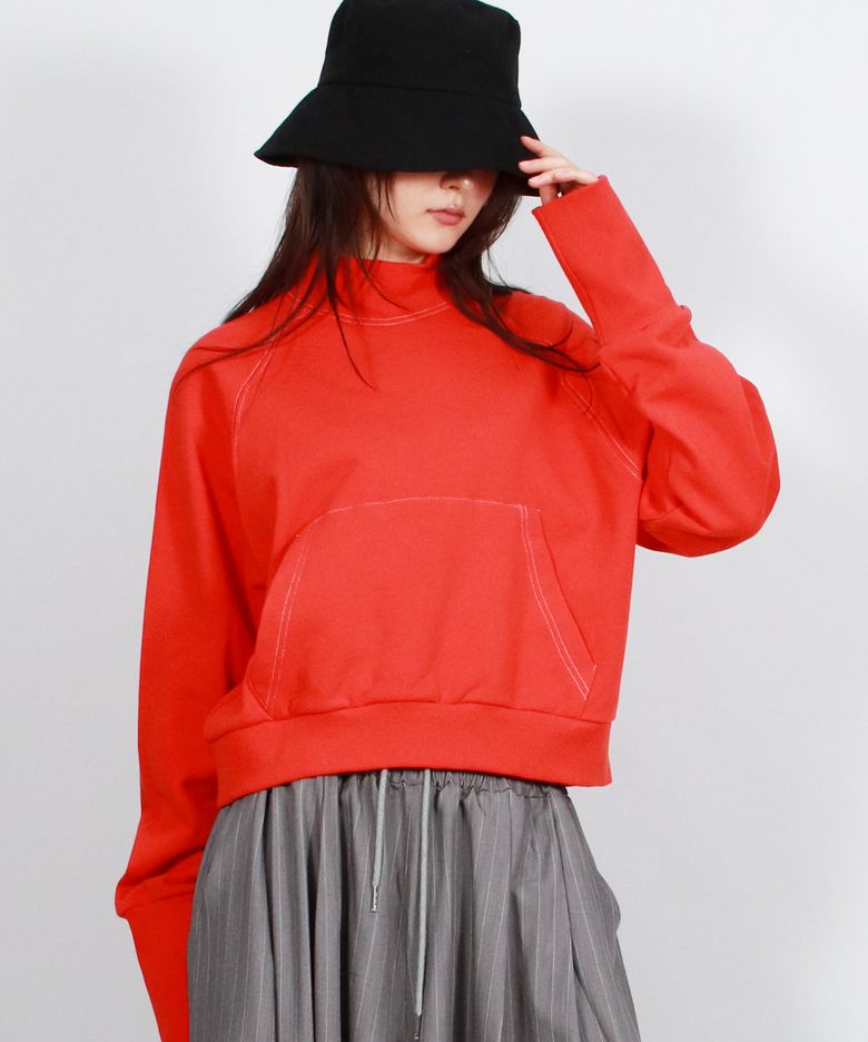 HIGH-NECK CROP STITCH RAGLAN SWEATSHIRT -  Red