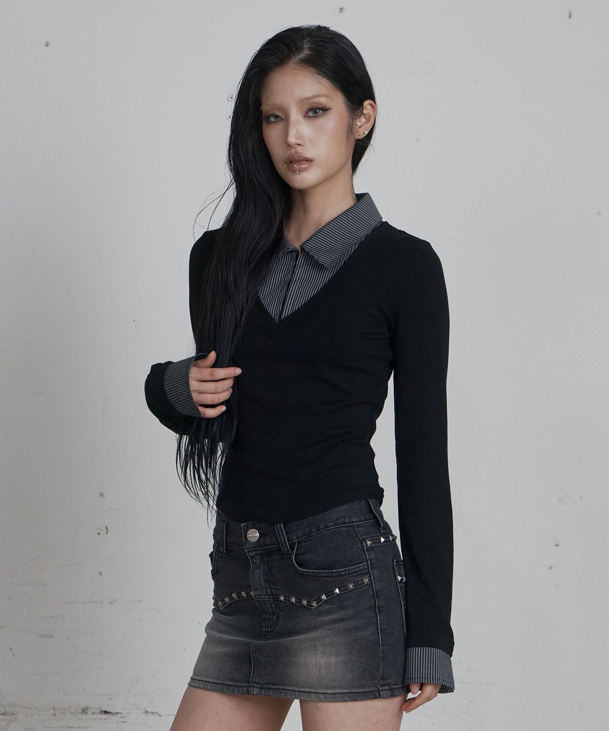 큐리티(CURETTY) C HOOK OPEN SHIRT LAYERED TOP_BLACK