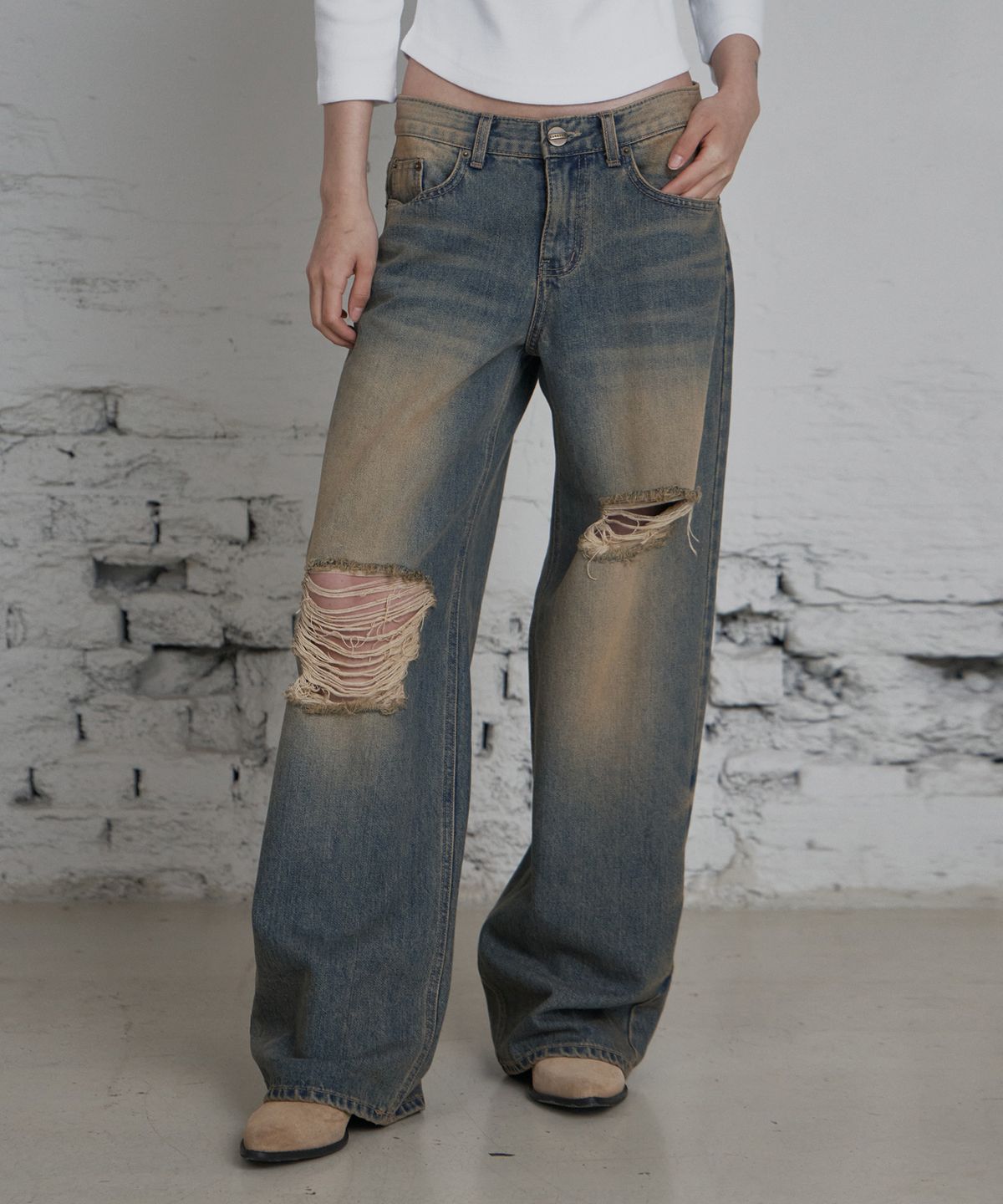 큐리티(CURETTY) C VINTAGE DESTROYED WIDE DENIM PANTS_VINTAGE