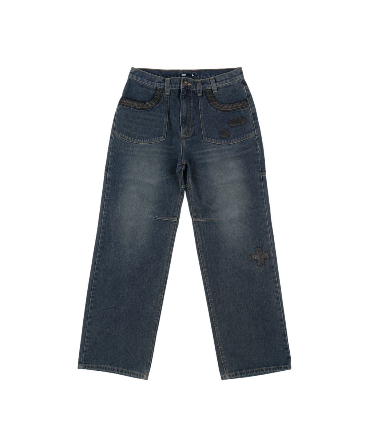 이알티알(ERTR) Leather Cross Patch Denim Pants Dark Blue