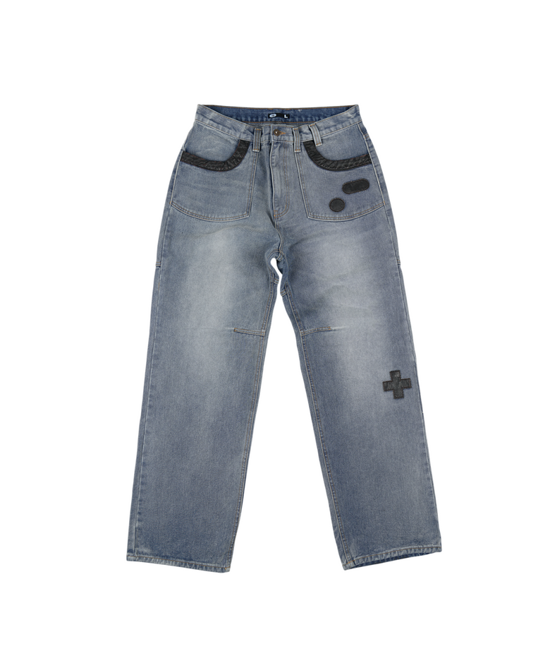 Leather Cross Patch Denim Pants Blue