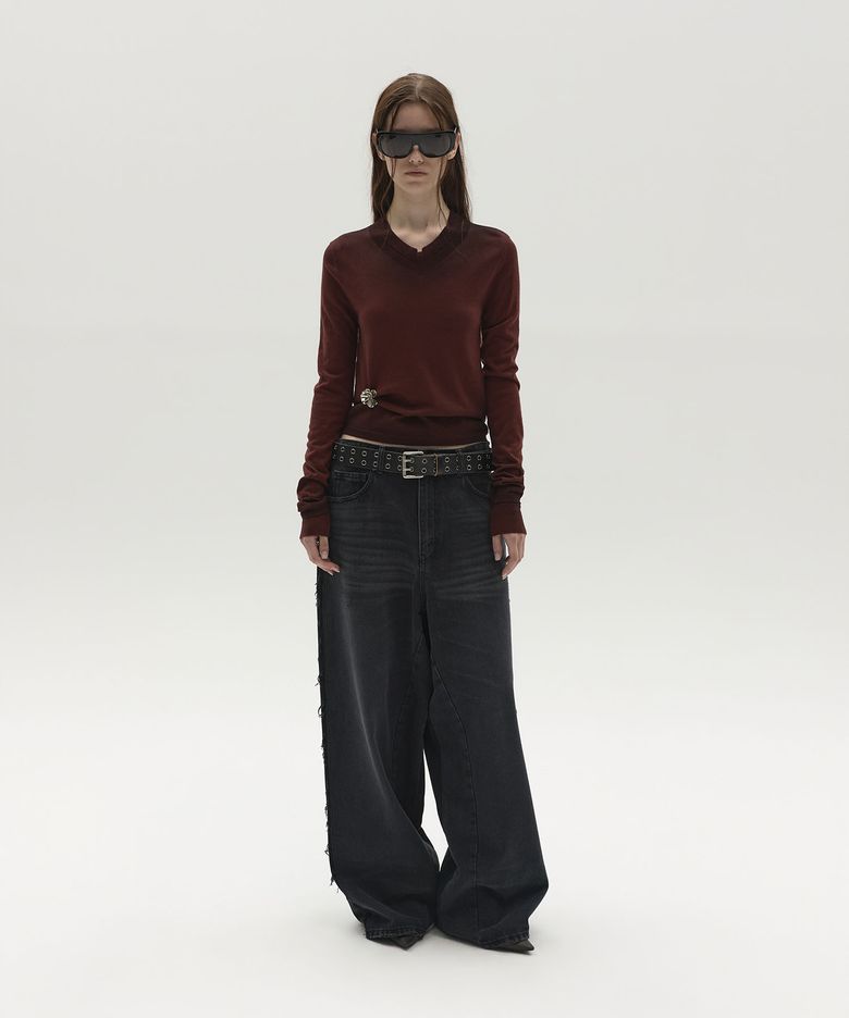 FRAYED SIDES WIDE DENIM (GREY)