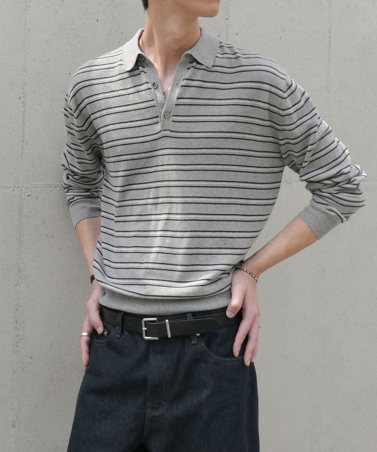 브랜디드(BRANDED) MUSE STRIPE POLO KNIT [MELANGE GRAY]