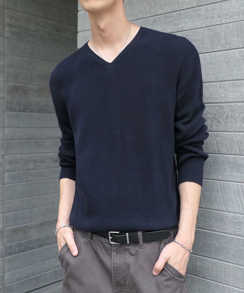 REFINED COTTON V-NECK KNIT [INK NAVY]