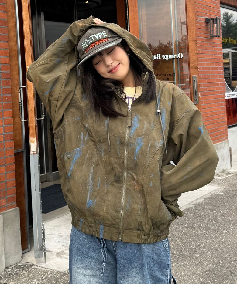 PAINT SPLATTER HOODED ZIP WINDBREAKER (KHAKI)