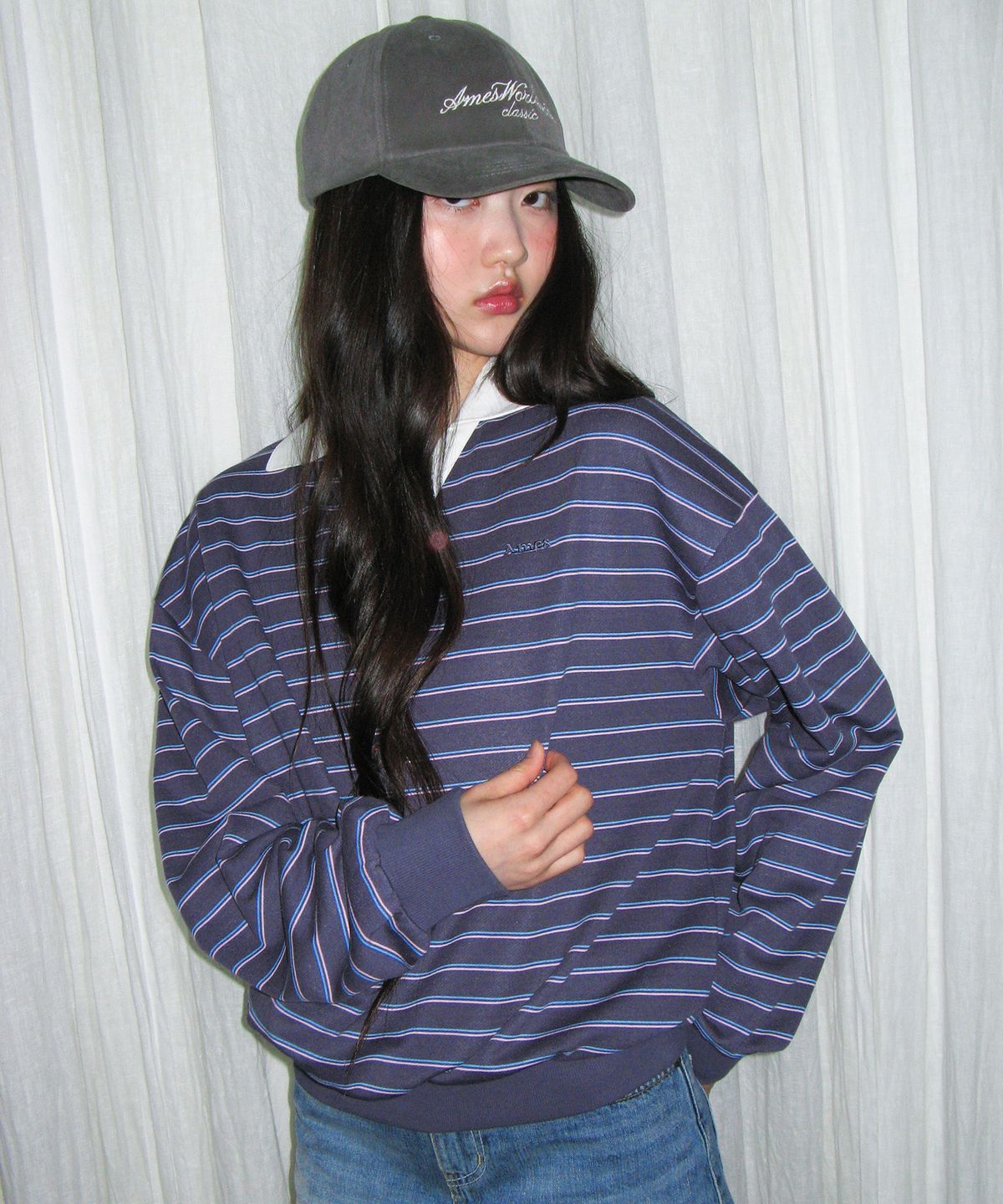 아메스 월드와이드(AMES-WORLDWIDE) V NECK COLLAR STRIPE SWEATSHIRT PURPLE