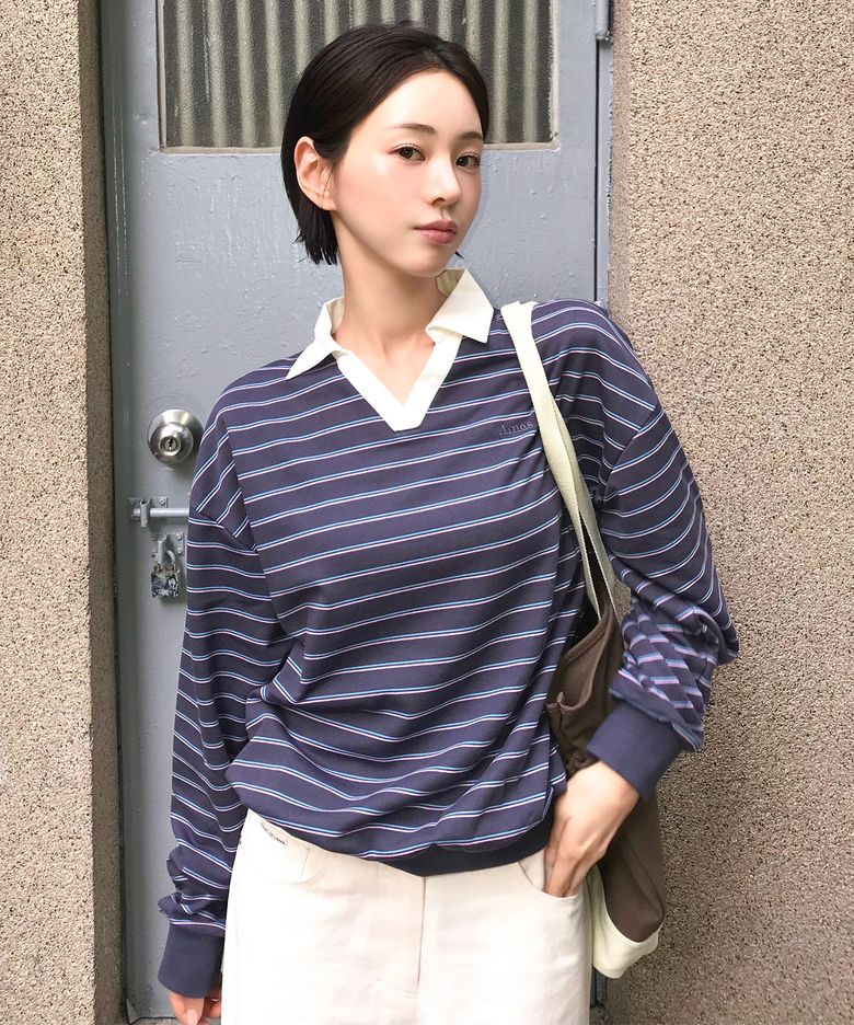 V NECK COLLAR STRIPE SWEATSHIRT PURPLE