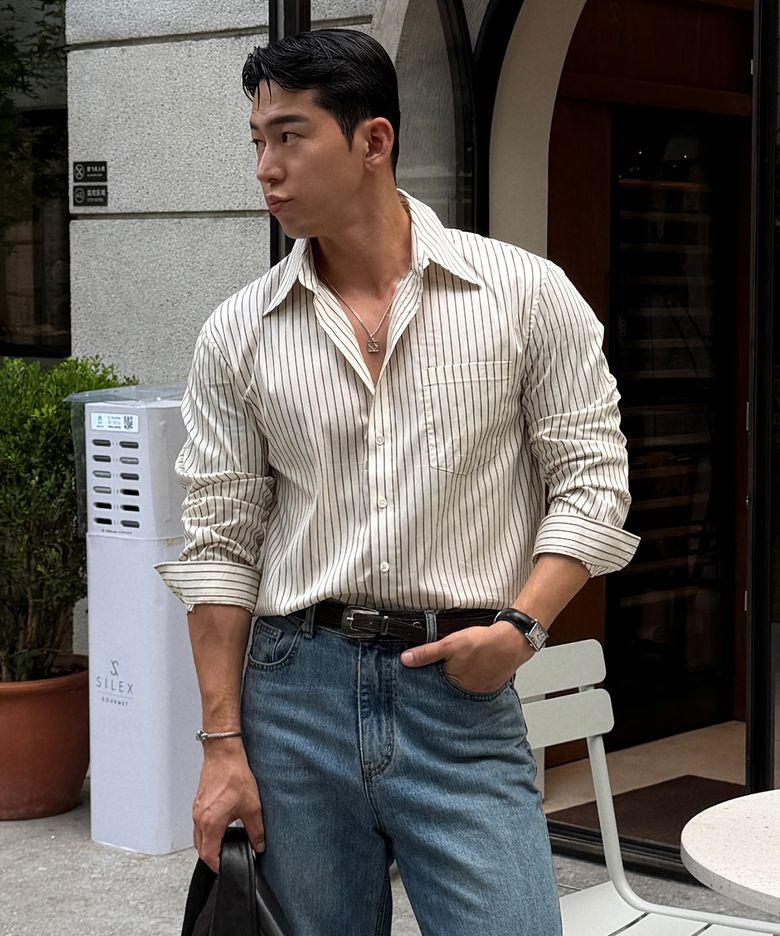 파인 스트라이프 포켓 셔츠