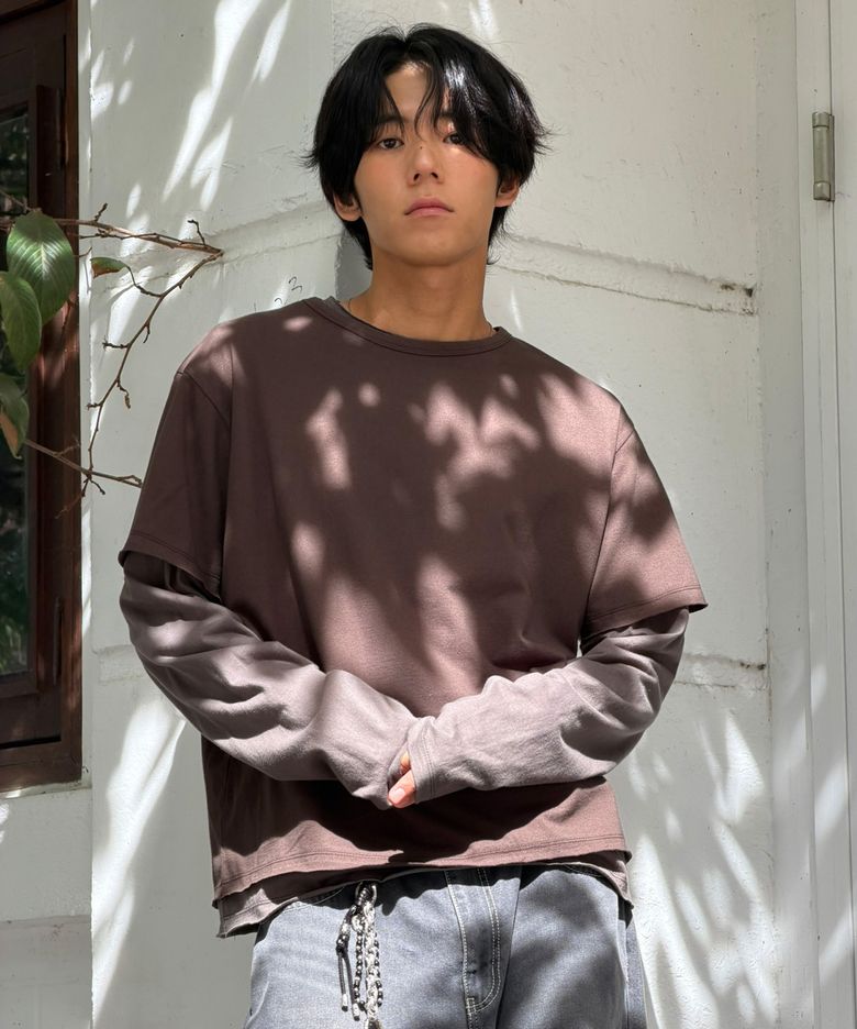 [태양 pick] [SET]빈티지 배색 레이어드 긴팔 티셔츠 세트-브라운/더스티그레이