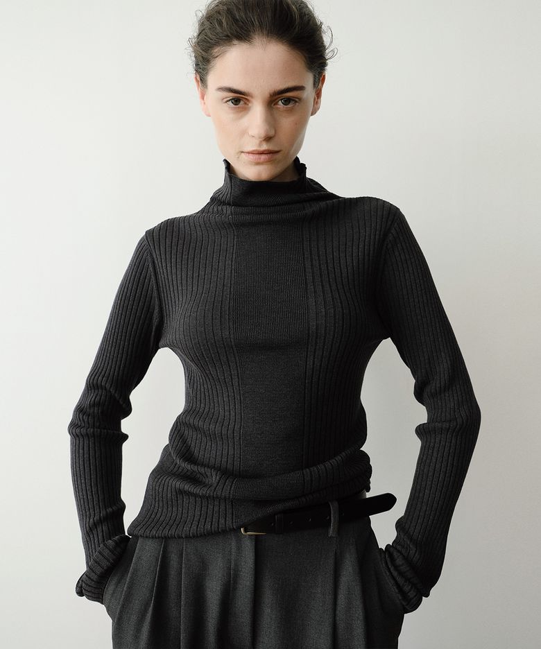 WOOL SILK RIB KNIT TOP (CHARCOAL)