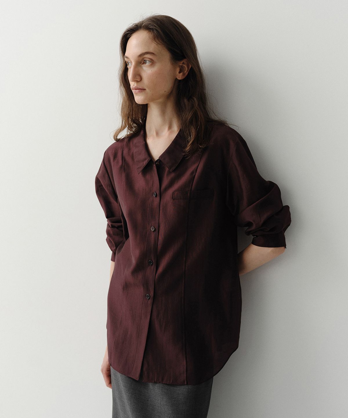 이아(EAAH) KYLA SHEER LINE SHIRT (BURGUNDY)