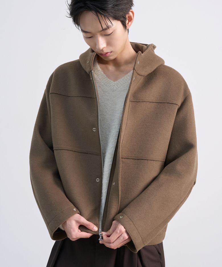 플라이트 백라인 울 후드 코트_카멜