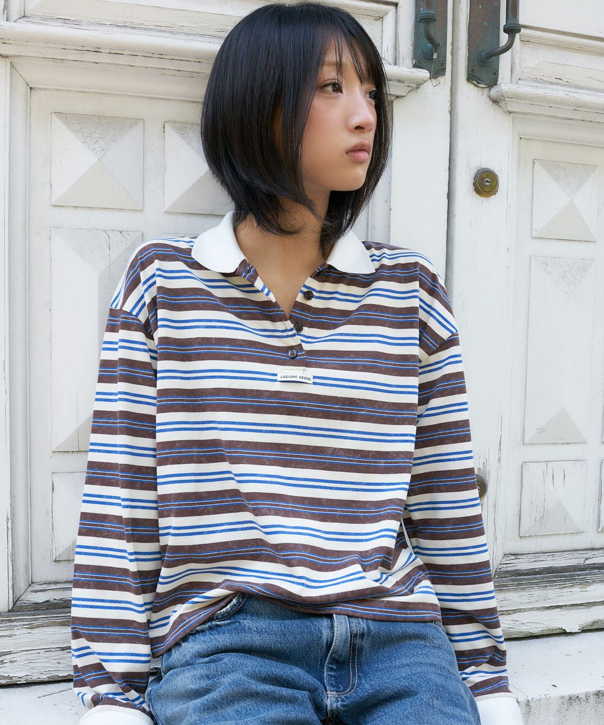 라티젠(LARTIGENT) L27 STRIPE COLLAR LONG SLEEVE T-SHIRT(BLUE BROWN)