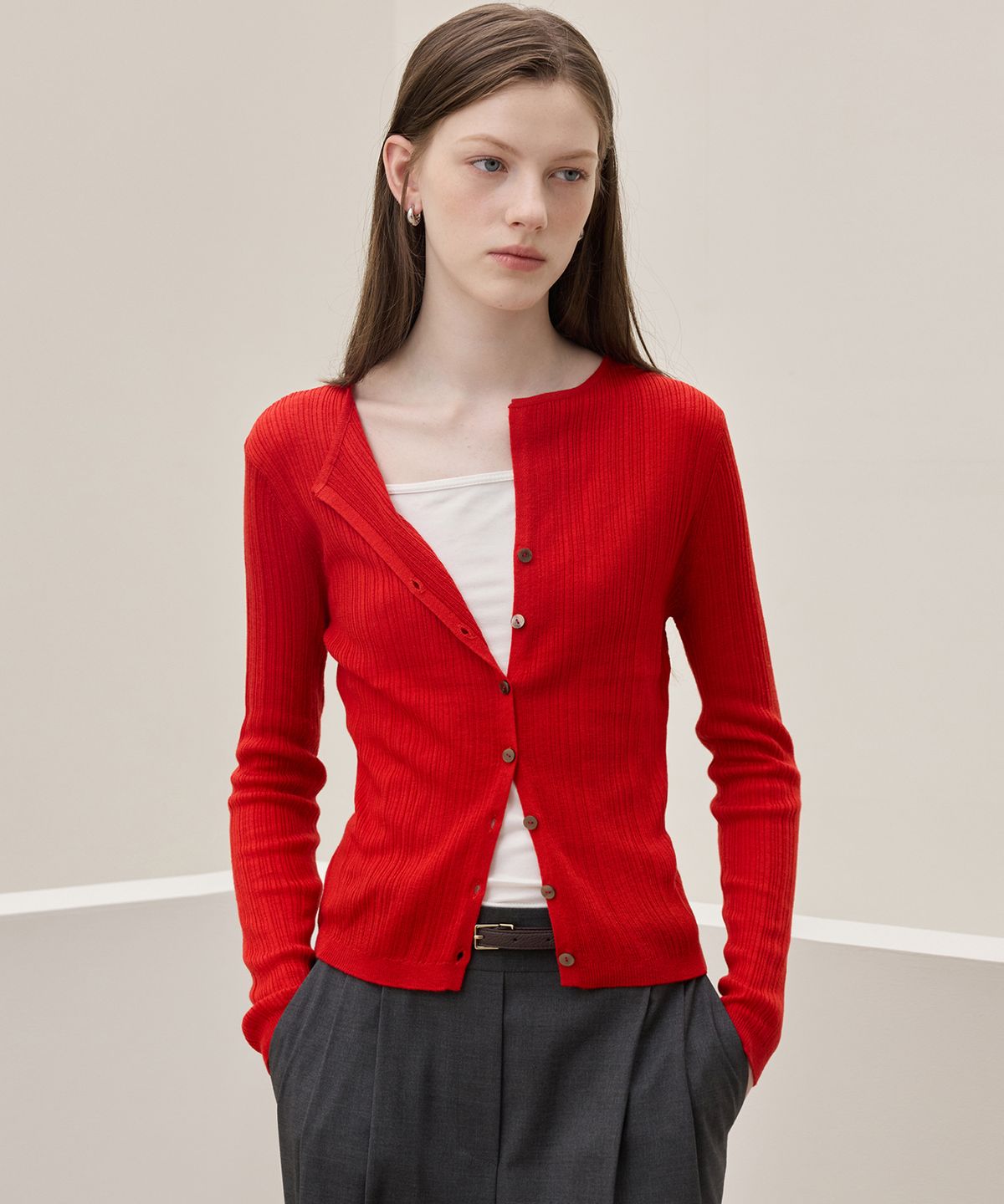히이크(HYYK) Soft Slim Rib Cardigan_Iconic Rose