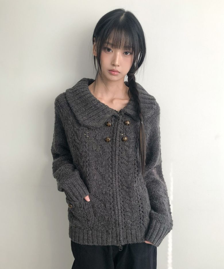오블리크 카라 니트 집업 (차콜)