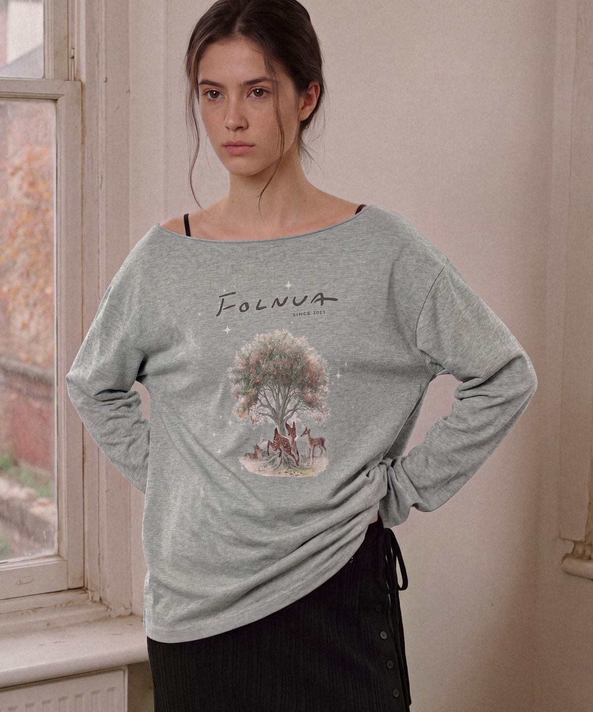 폴뉴아(FOLNUA) CERF OFF SHOULDER LONG SLEEVE (MELANGE GRAY)