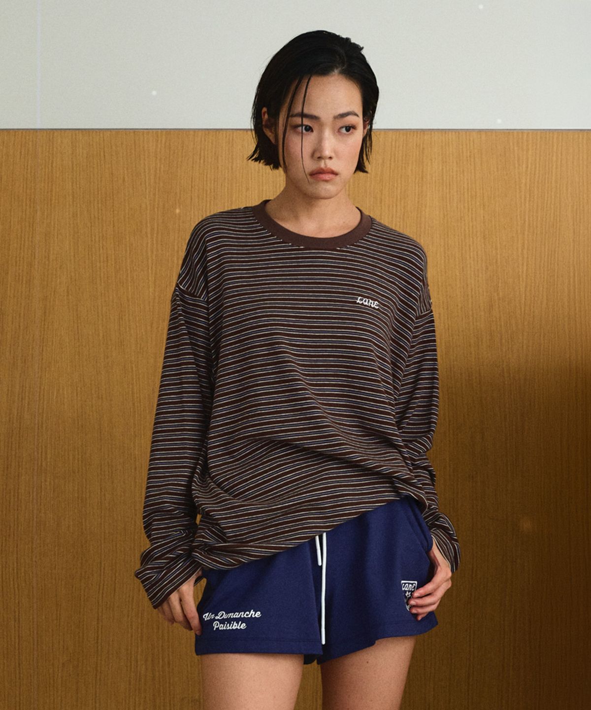 레인 아파트먼트(LANE APARTMENT) STRIPE LOGO T-SHIRTS [BROWN]