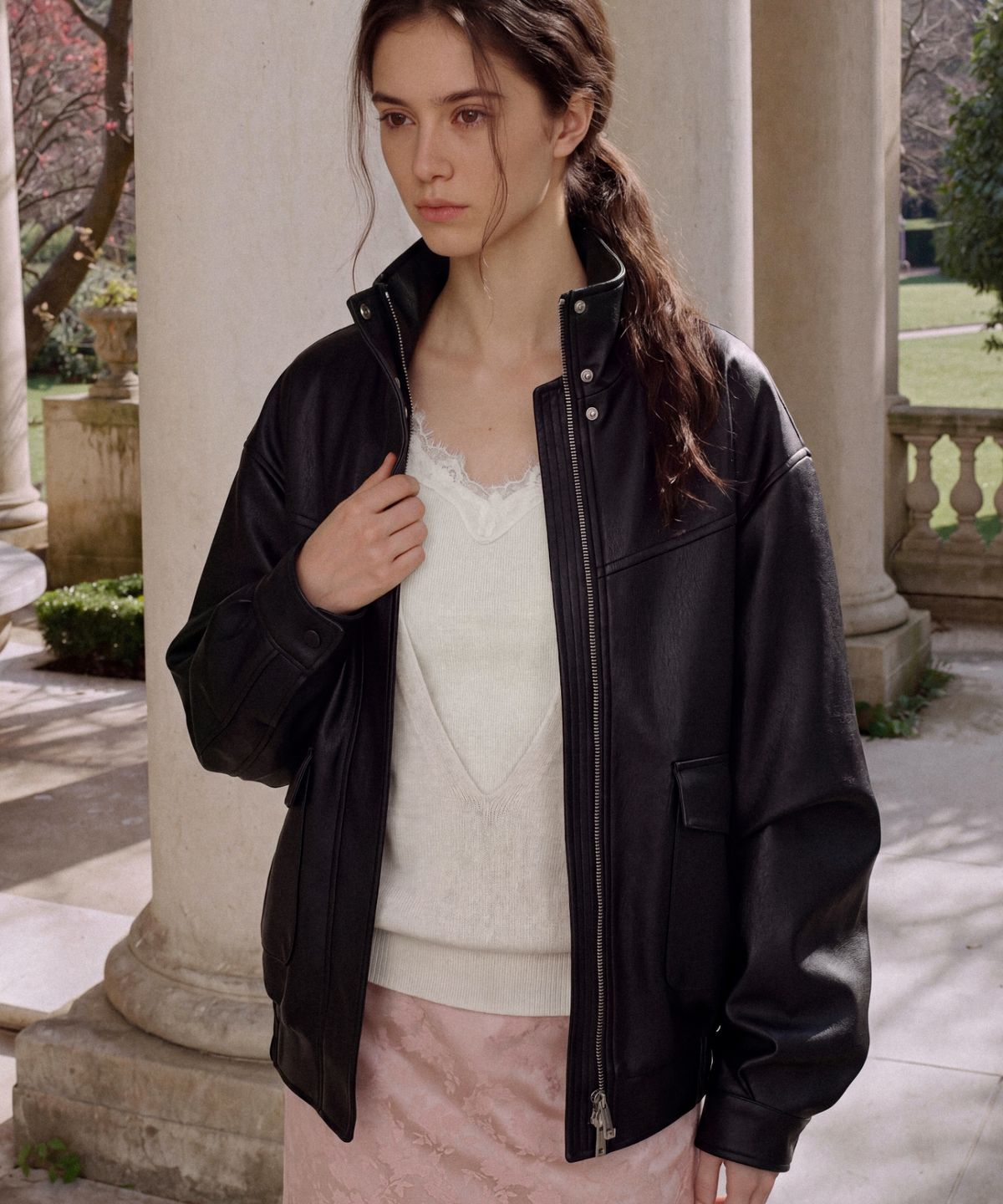 폴뉴아(FOLNUA) NOBLINE HIGH NECK LEATHER JACKET (BLACK)