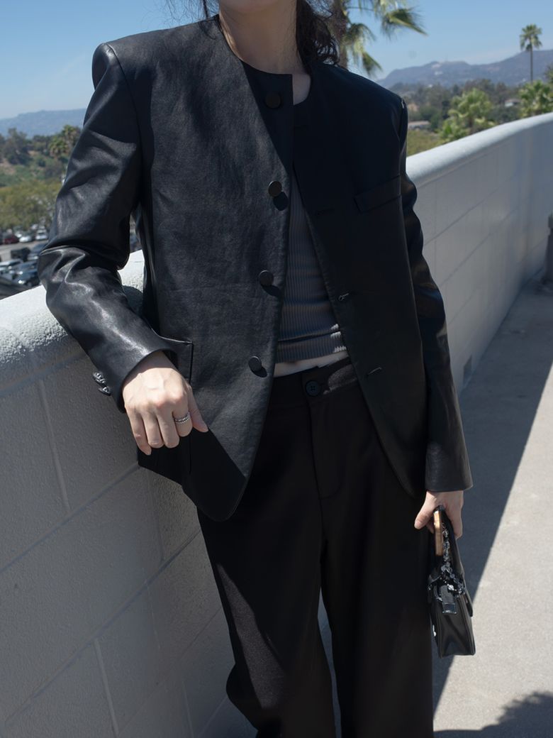 Collarless PU Blazer