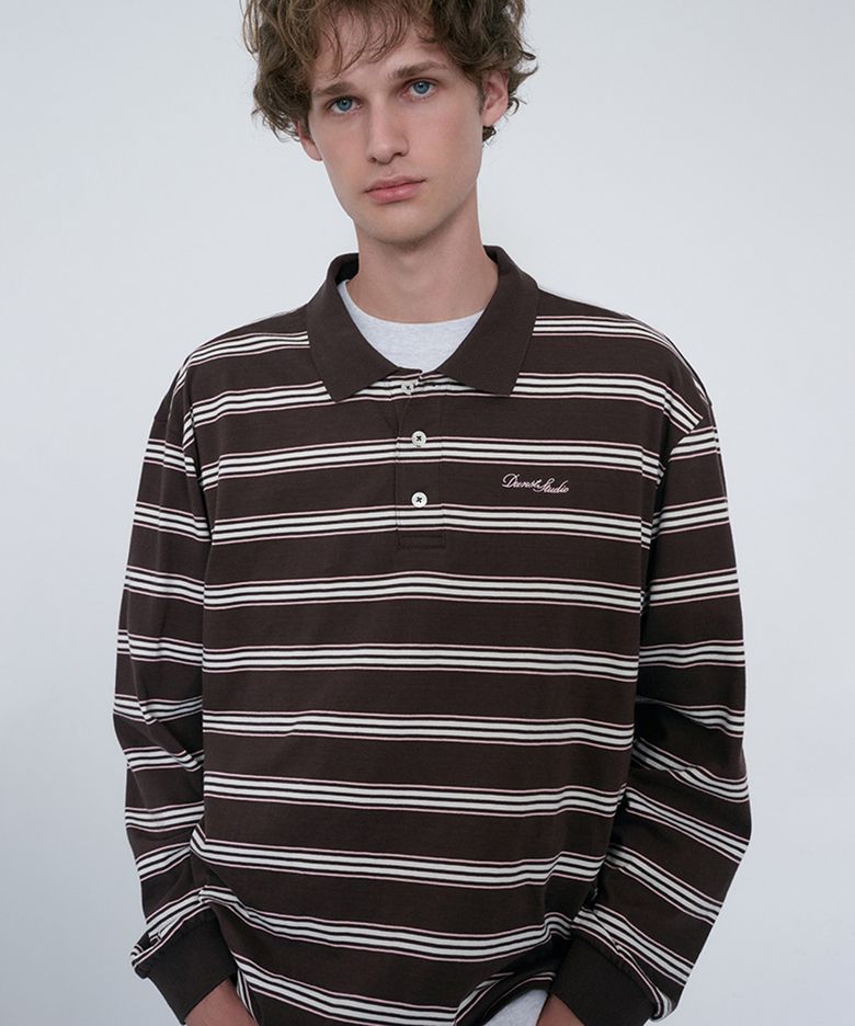 UNISEX MULTI STRIPE COLLARED T-SHIRT_UDTS6C119_BROWN STRIPE