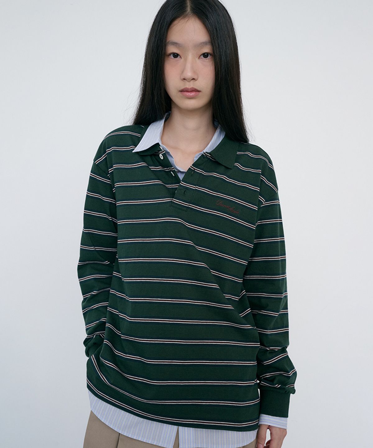 던스트(DUNST) UNISEX MULTI STRIPE COLLARED T-SHIRT_UDTS6C119_FOREST GREEN STRIPE