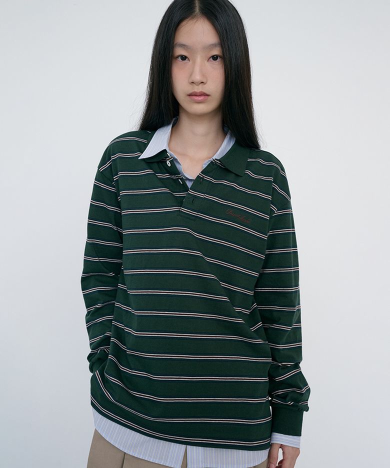 UNISEX MULTI STRIPE COLLARED T-SHIRT_UDTS6C119_FOREST GREEN STRIPE