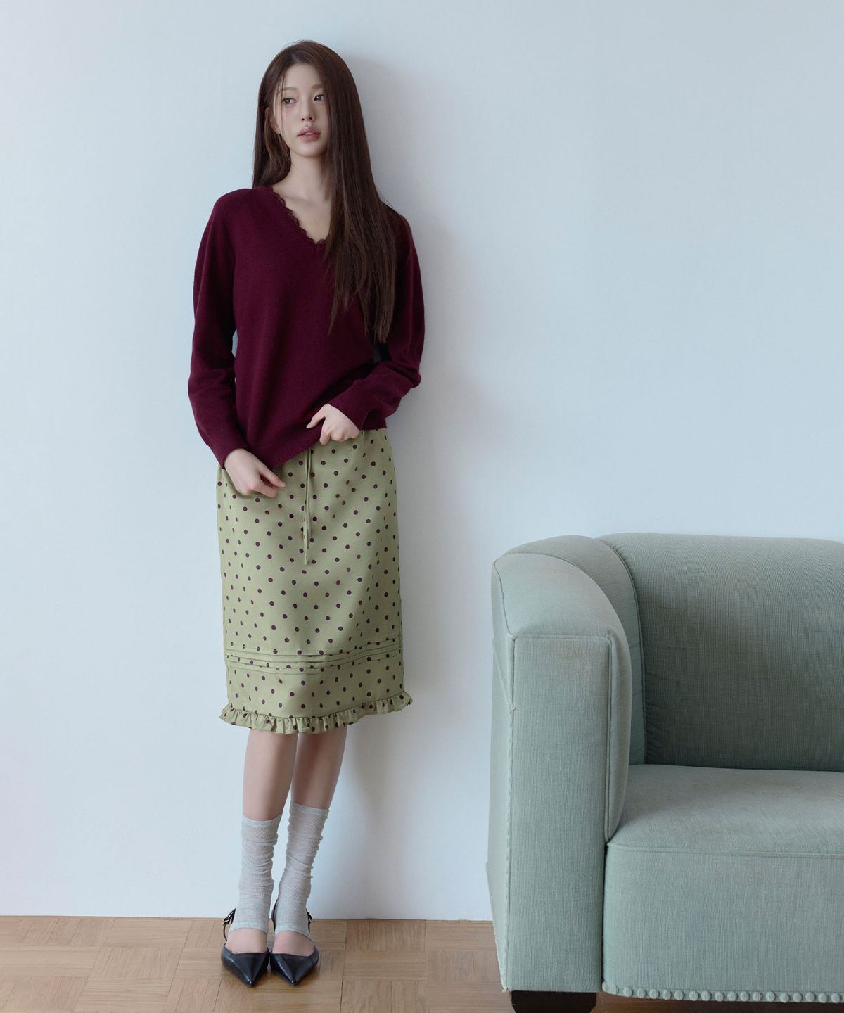 로라로라(ROLAROLA) DOT PINTUCK FRILL SKIRT OLIVE