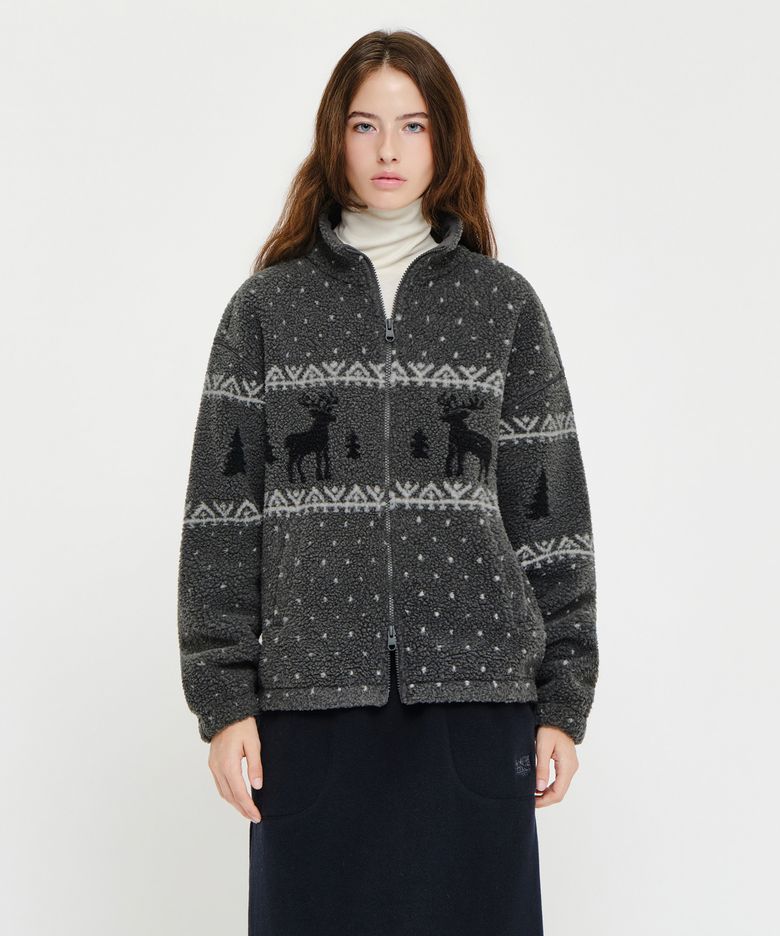 HIGH NECK PATTERN FLEECE JACKET gray