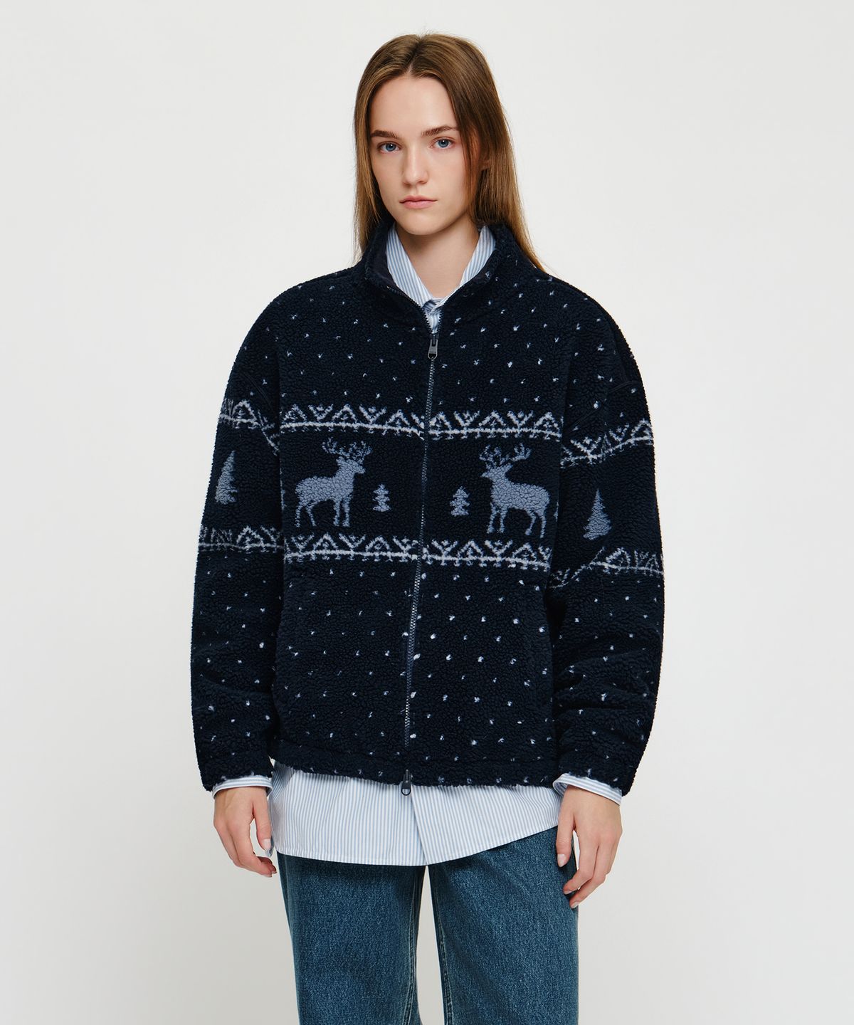 마리떼 프랑소와 저버(MARITHÉ + FRANҪOIS GIRBAUD) HIGH NECK PATTERN FLEECE JACKET navy