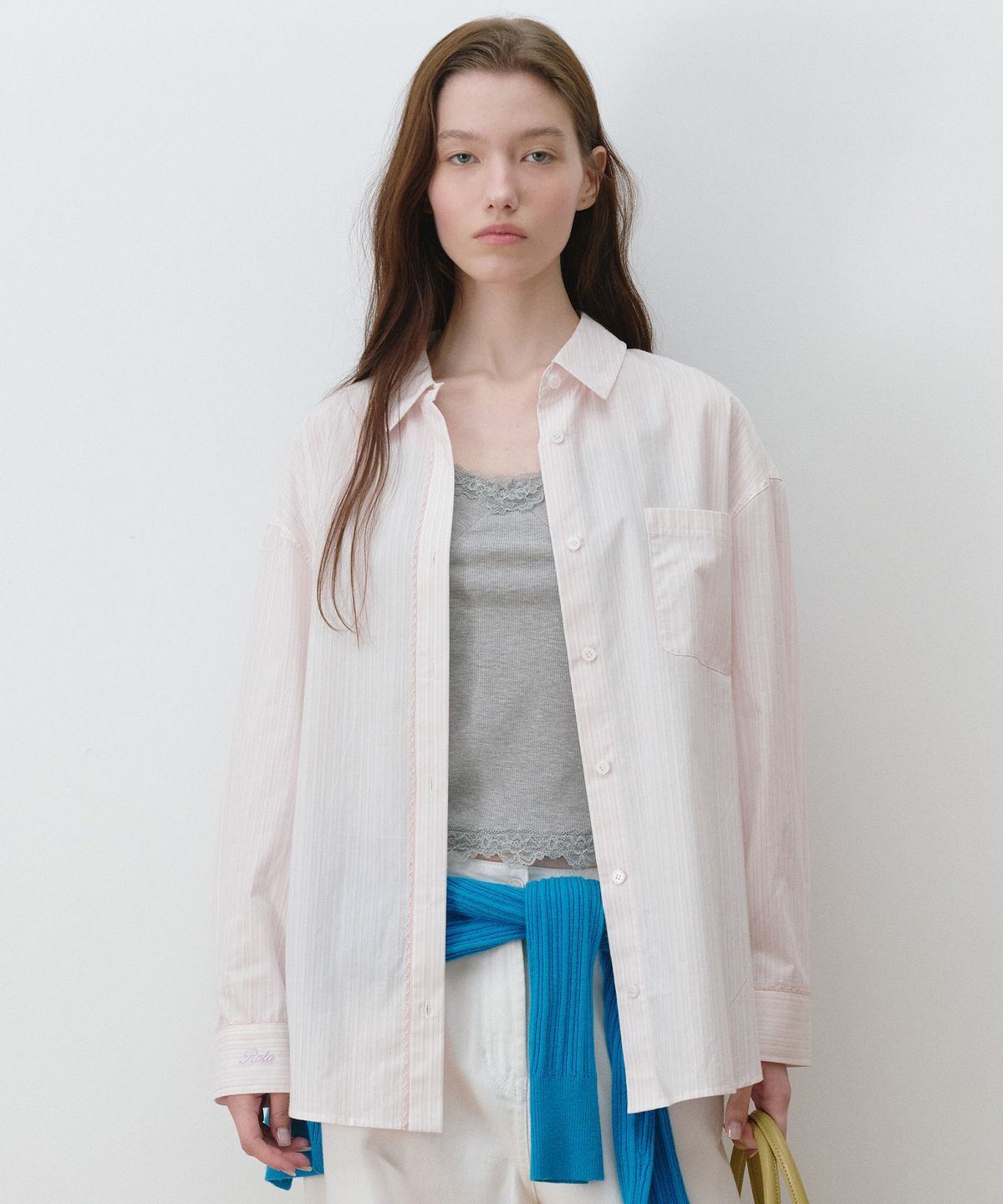 로라로라(ROLAROLA) LACE POINT LOOSE FIT STRIPE SHIRT LIGHT PINK