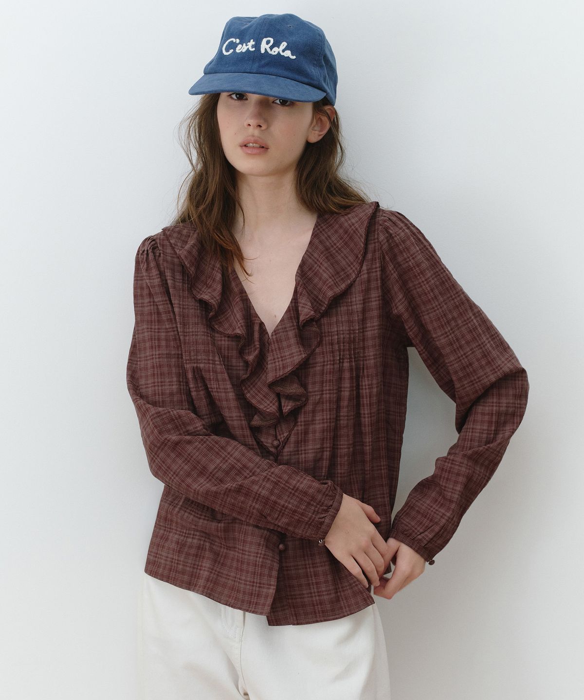 로라로라(ROLAROLA) FRILL PINTUCK CHECK BLOUSE BROWN