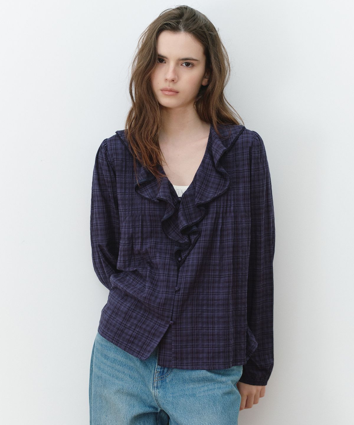 로라로라(ROLAROLA) FRILL PINTUCK CHECK BLOUSE DEEP NAVY