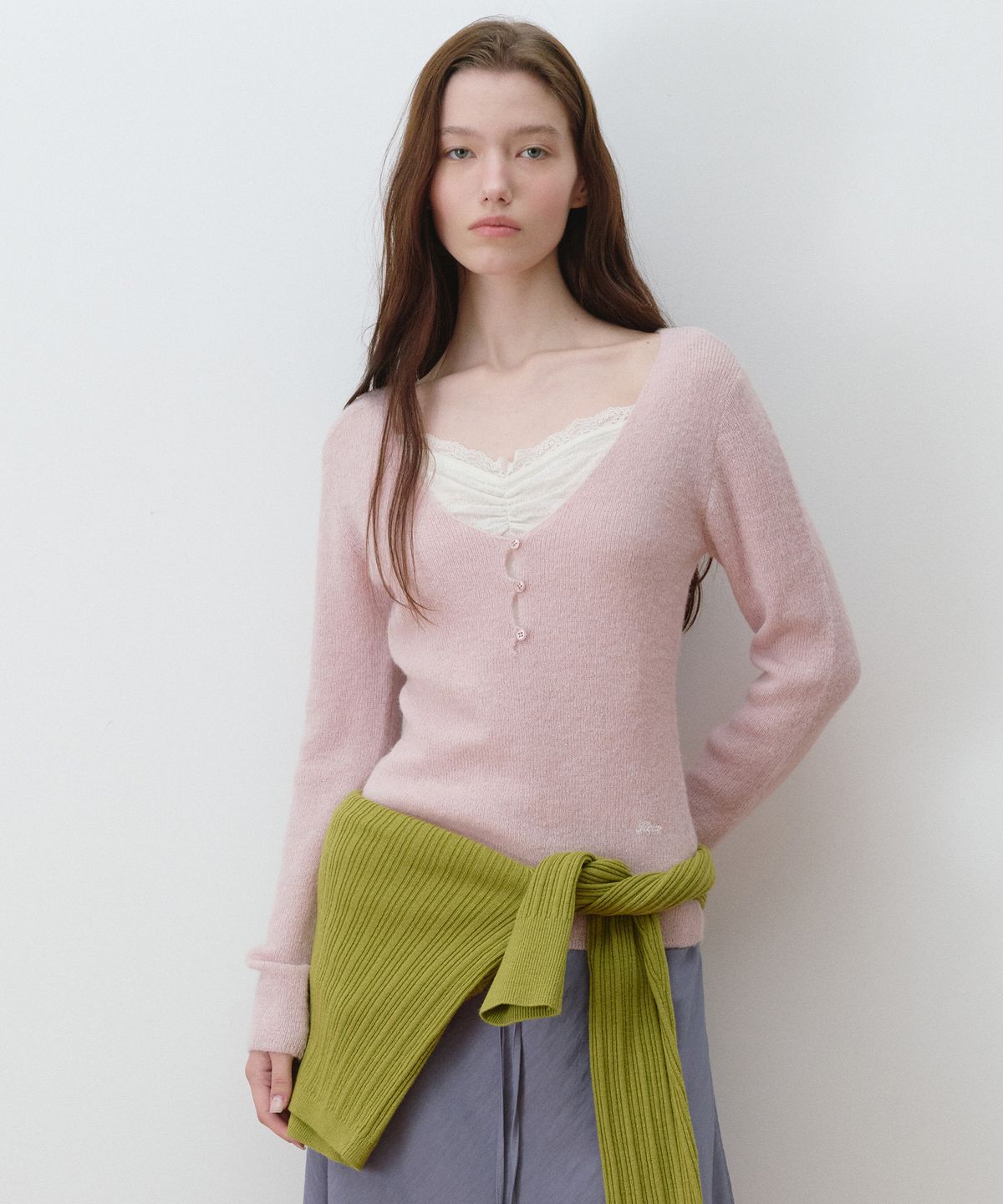로라로라(ROLAROLA) LACE LAYERED SLIM KNIT PINK