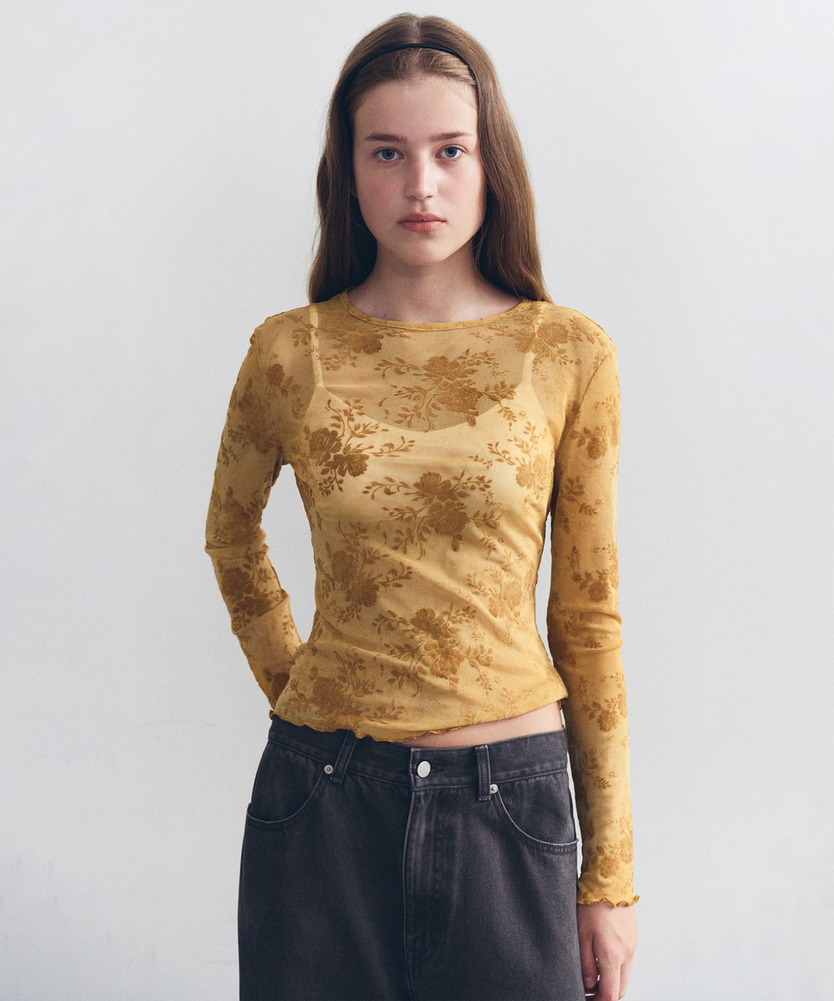 로라로라(ROLAROLA) ROSE LACE LAYERED LONG SLEEVE MUSTARD