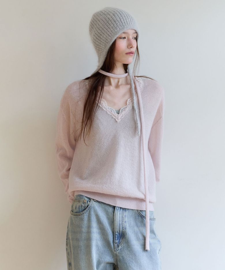 MOHAIR LACE V NECK KNIT PINK BEIGE