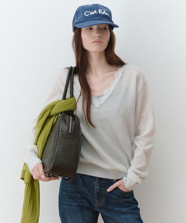 MOHAIR LACE V NECK KNIT LIGHT GRAY