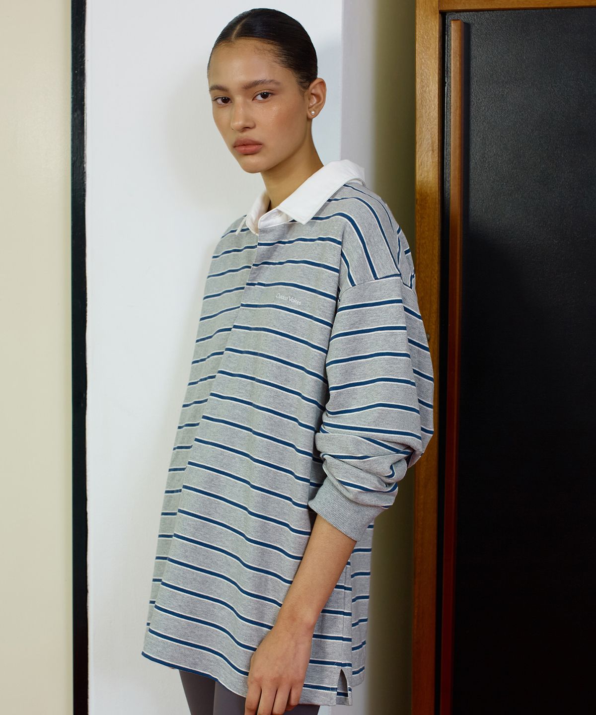 아웃도어 보이스(OUTDOOR VOICES) STRIPED RUGBY SHIRT (HEATHER GRAY)