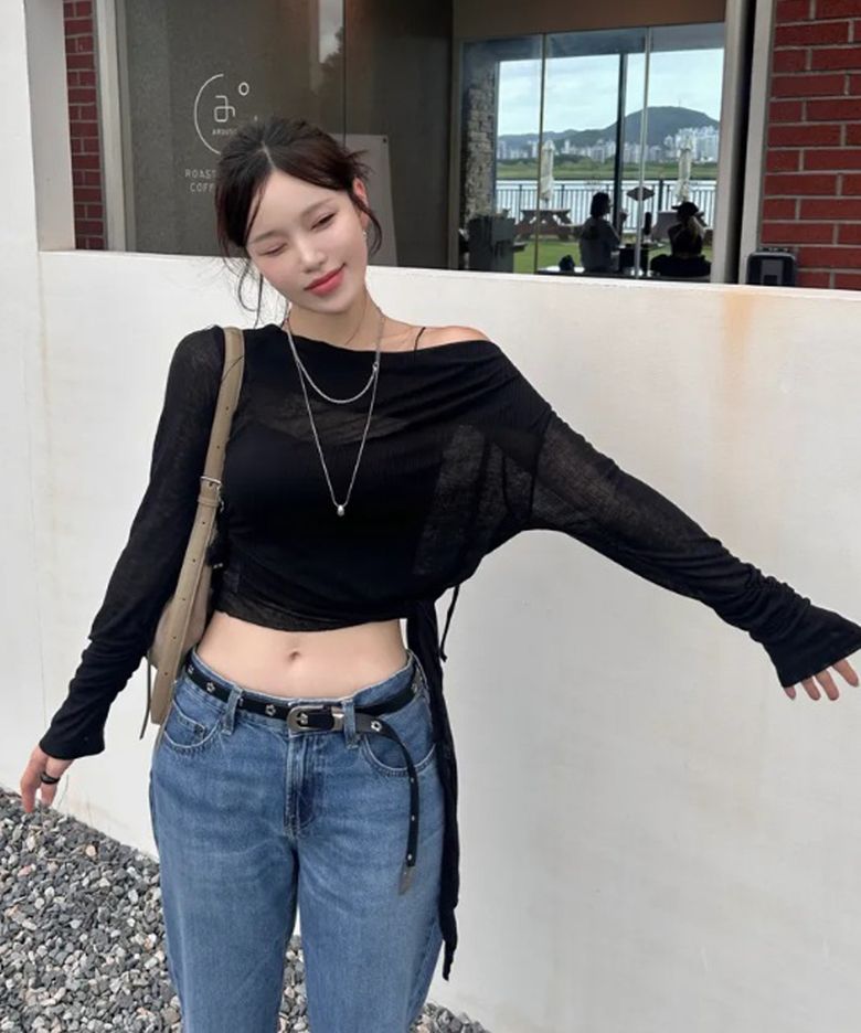 2WAY 시어 드레이프 롱슬리브 티셔츠 블랙