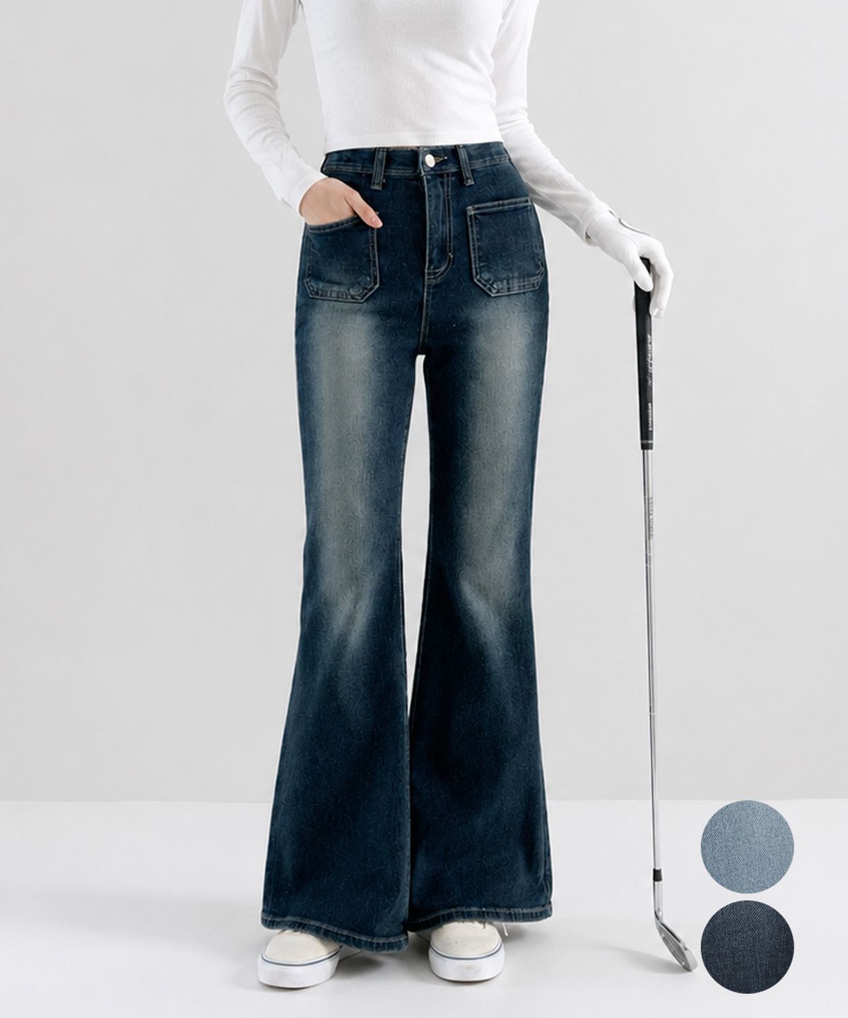김영주 골프(KIM YOUNG JOO GOLF) 봄가을 앞포켓 워싱 스판 여성 부츠컷 데님 팬츠 DQFLSL16