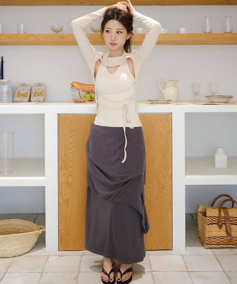 [소올 PICK] 셔링 언밸런스 레이어드 롱 스커트 (차콜)