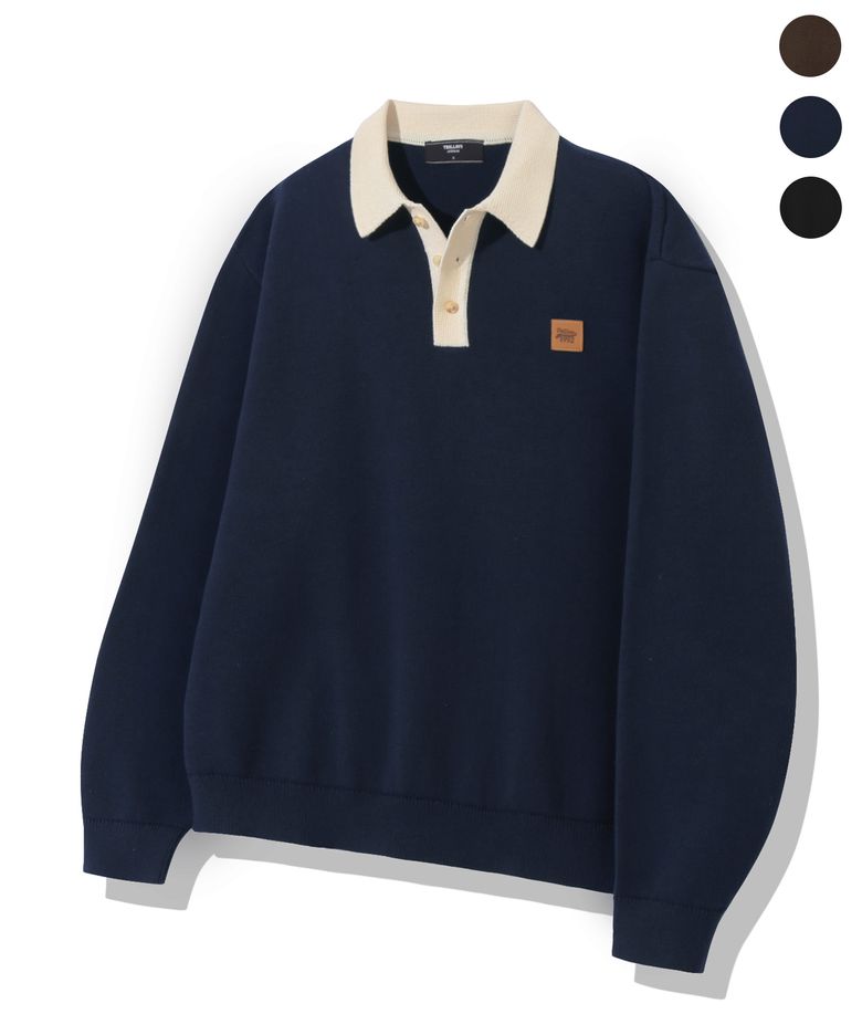 워셔블 레더 패치 럭비 카라 니트_3color