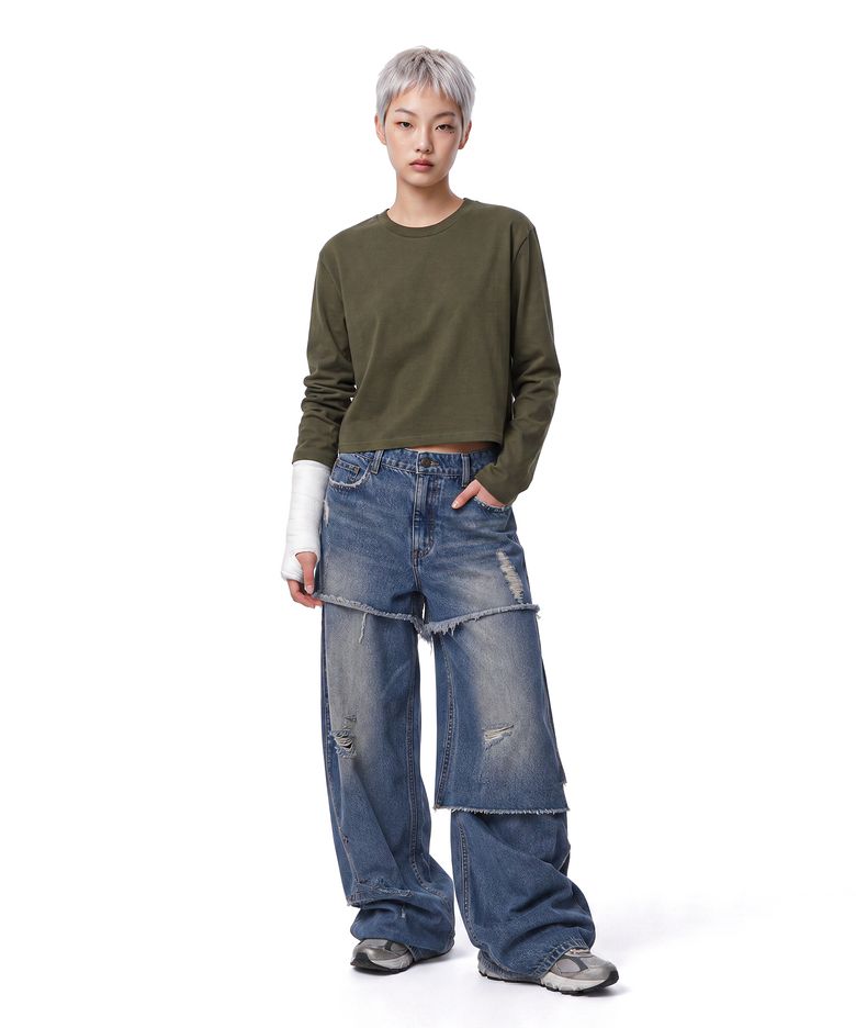 오버사이즈 롱 슬리브 크롭 티셔츠 카키